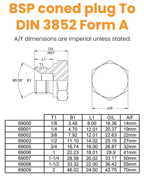 1/8 BSP Coned Plug To Din 3852 Form A Hydraulic Adaptor